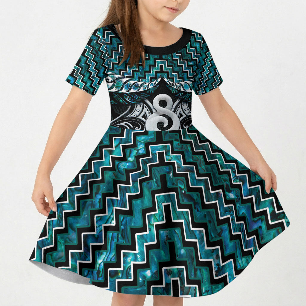 New Zealand Maori Kid Short Sleeve Dress Poutama Pikorua - Single Twist Paua Shell LT05 KID Turquoise - Polynesian Pride