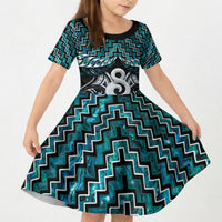 New Zealand Maori Kid Short Sleeve Dress Poutama Pikorua - Single Twist Paua Shell LT05 KID Turquoise - Polynesian Pride