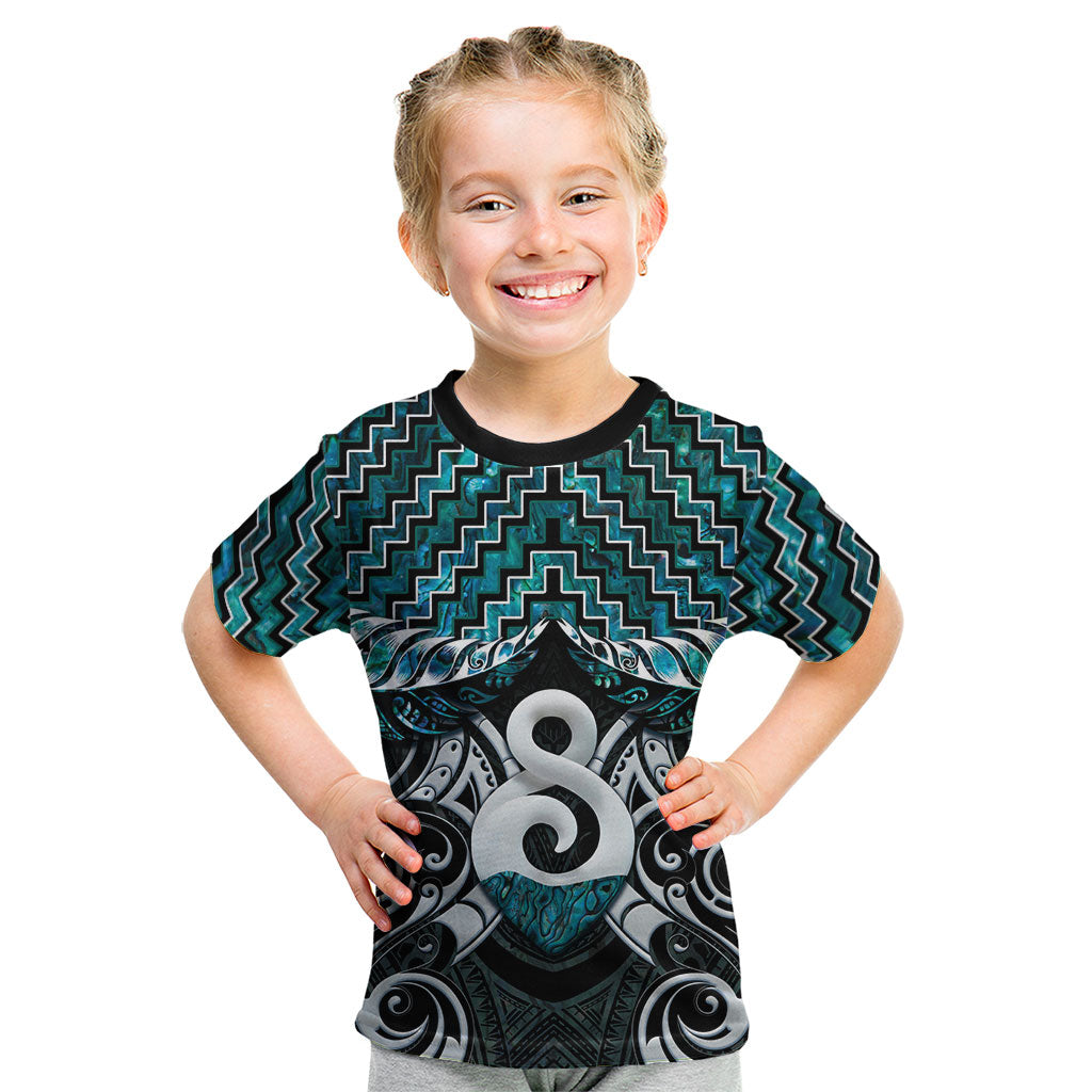 New Zealand Maori Kid T Shirt Poutama Pikorua - Single Twist Paua Shell LT05 Turquoise - Polynesian Pride