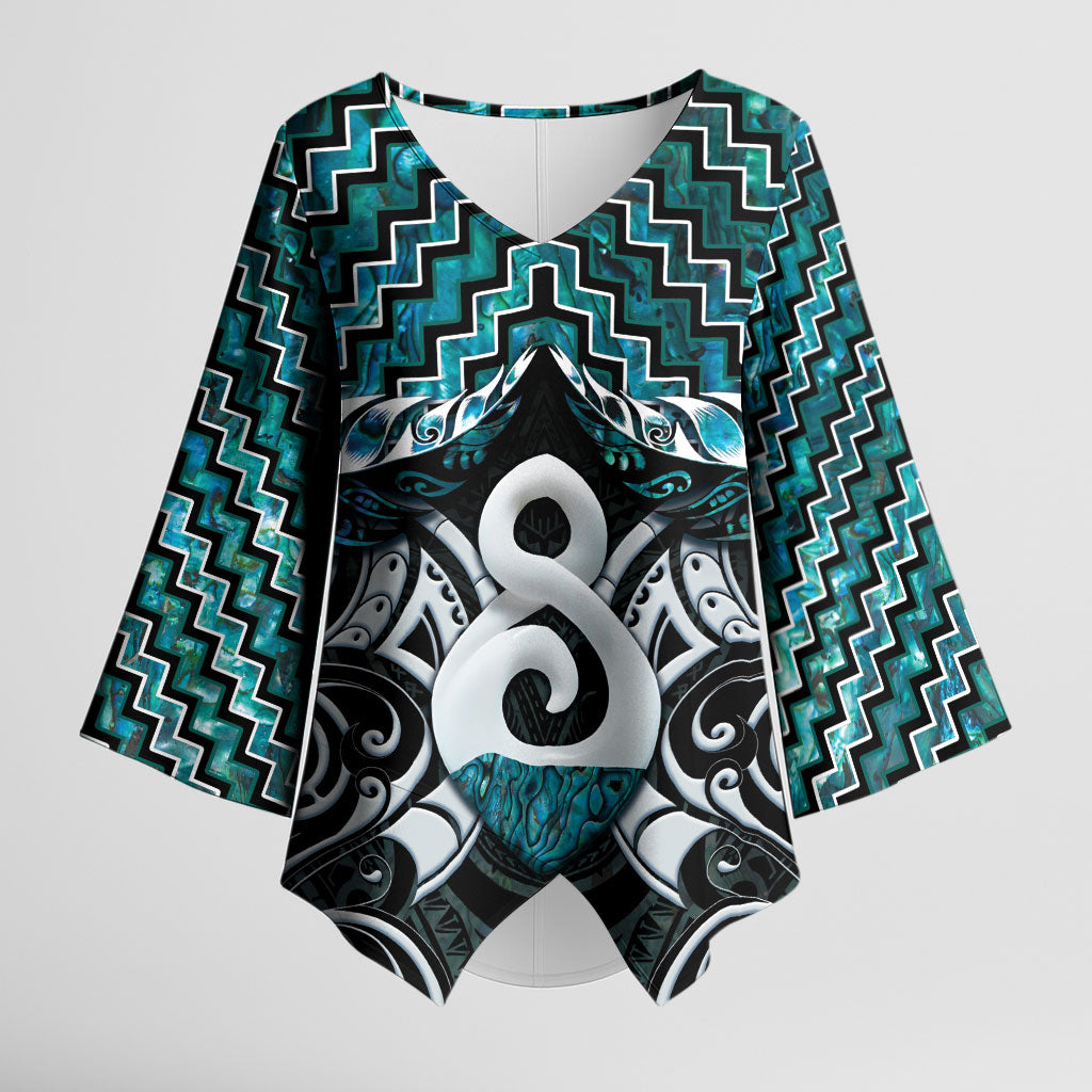New Zealand Maori Kimono Sleeve Blouse Poutama Pikorua - Single Twist Paua Shell LT05 Female Turquoise - Polynesian Pride