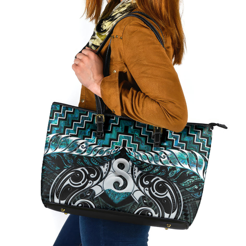 New Zealand Maori Leather Tote Bag Poutama Pikorua - Single Twist Paua Shell LT05 Turquoise - Polynesian Pride