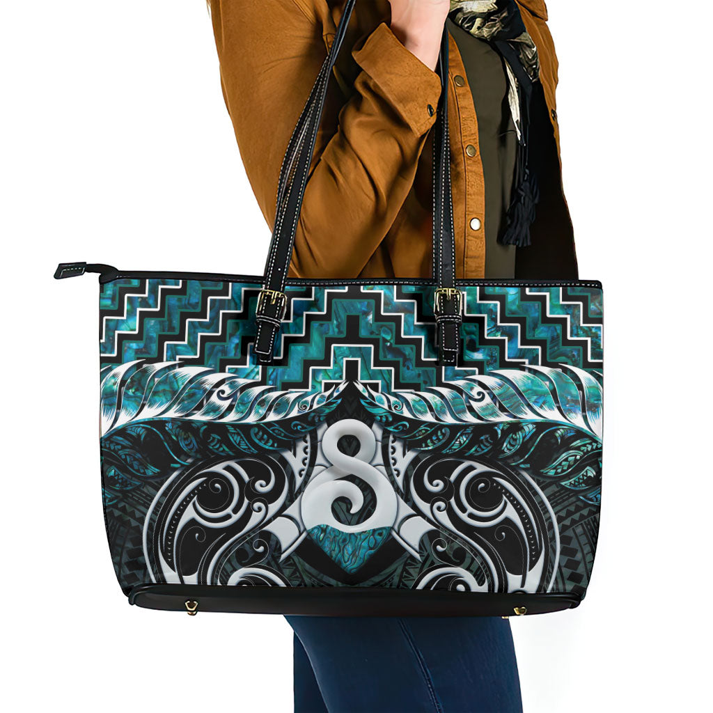 New Zealand Maori Leather Tote Bag Poutama Pikorua - Single Twist Paua Shell LT05 - Polynesian Pride