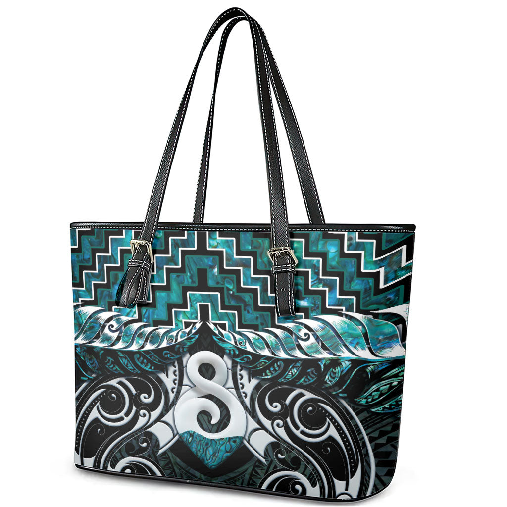 New Zealand Maori Leather Tote Bag Poutama Pikorua - Single Twist Paua Shell LT05 - Polynesian Pride