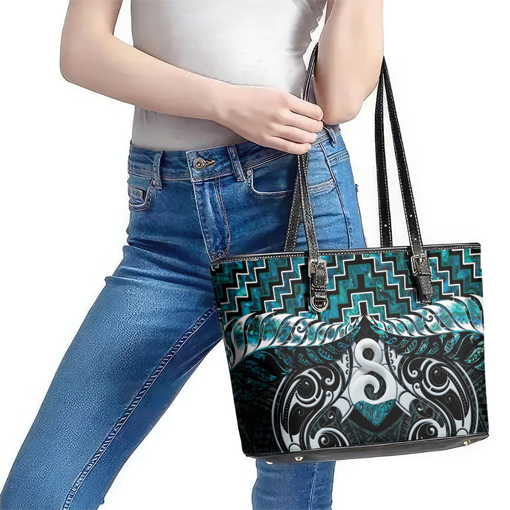 New Zealand Maori Leather Tote Bag Poutama Pikorua - Single Twist Paua Shell LT05 - Polynesian Pride