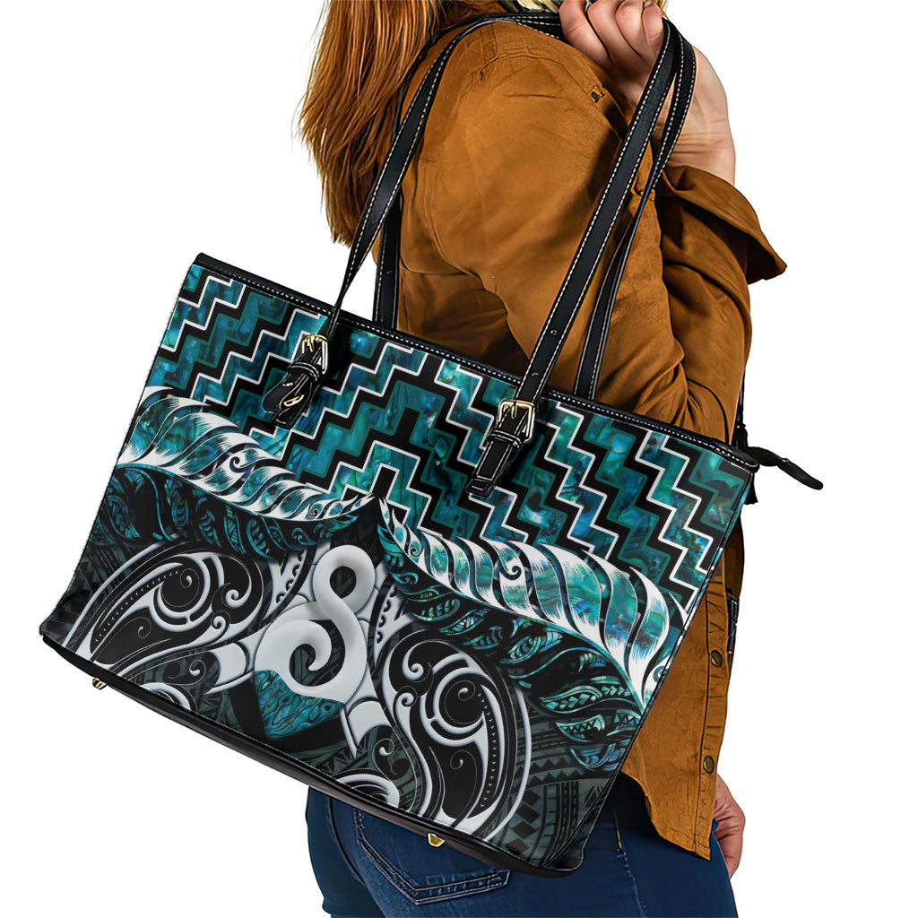 New Zealand Maori Leather Tote Bag Poutama Pikorua - Single Twist Paua Shell LT05 - Polynesian Pride