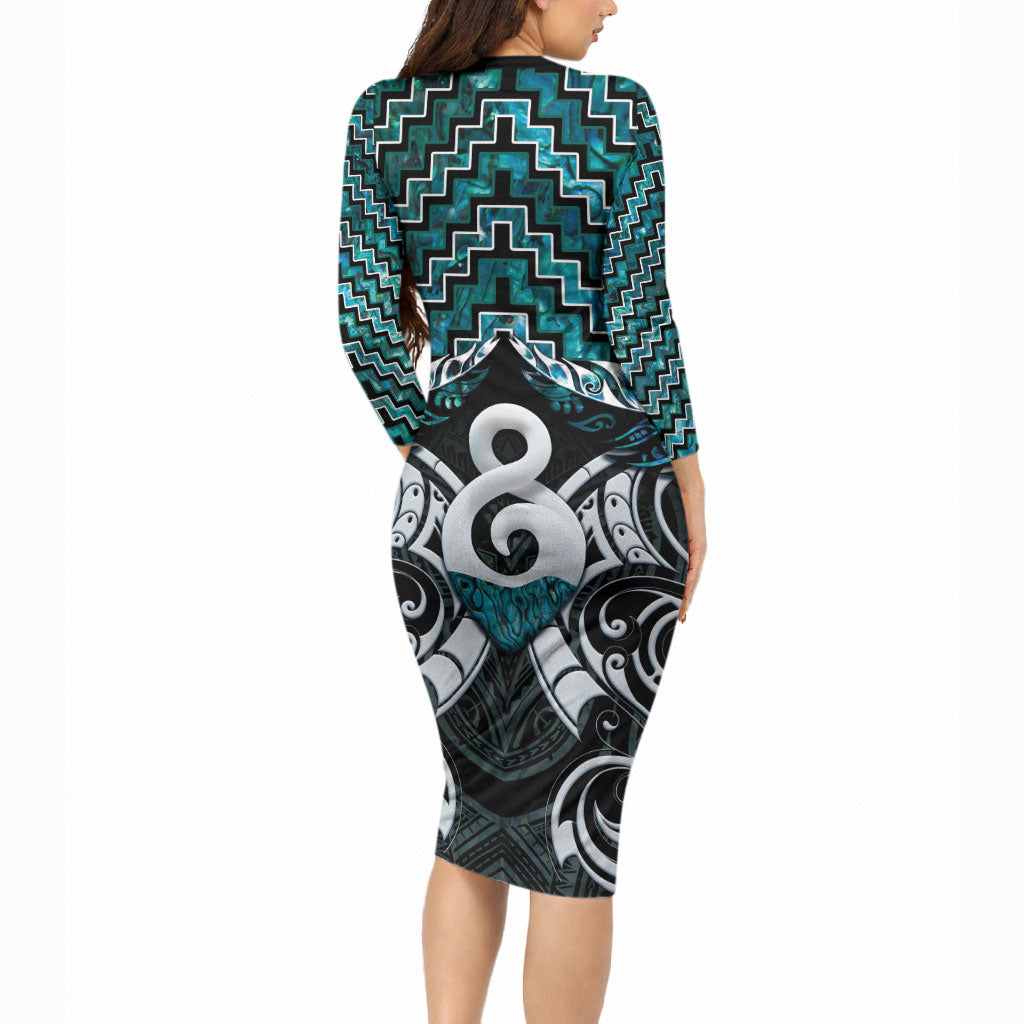 New Zealand Maori Long Sleeve Bodycon Dress Poutama Pikorua - Single Twist Paua Shell LT05 - Polynesian Pride