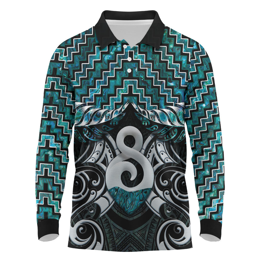 New Zealand Maori Long Sleeve Polo Shirt Poutama Pikorua - Single Twist Paua Shell LT05 Turquoise - Polynesian Pride