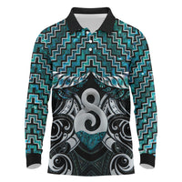 New Zealand Maori Long Sleeve Polo Shirt Poutama Pikorua - Single Twist Paua Shell LT05 Turquoise - Polynesian Pride