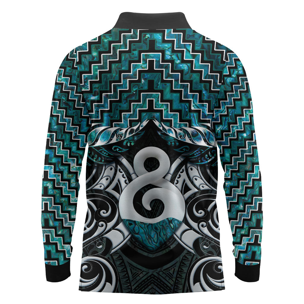 New Zealand Maori Long Sleeve Polo Shirt Poutama Pikorua - Single Twist Paua Shell LT05 - Polynesian Pride