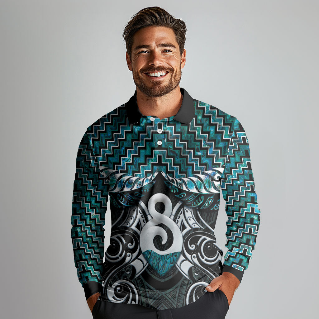 New Zealand Maori Long Sleeve Polo Shirt Poutama Pikorua - Single Twist Paua Shell LT05 - Polynesian Pride