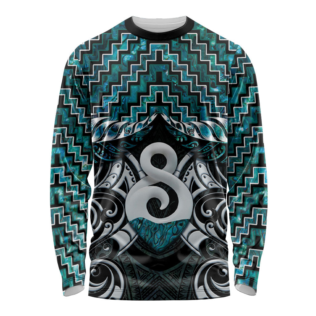 New Zealand Maori Long Sleeve Shirt Poutama Pikorua - Single Twist Paua Shell LT05 Unisex Turquoise - Polynesian Pride