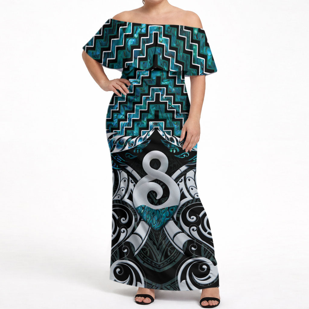 New Zealand Maori Off Shoulder Maxi Dress Poutama Pikorua - Single Twist Paua Shell LT05 Women Turquoise - Polynesian Pride