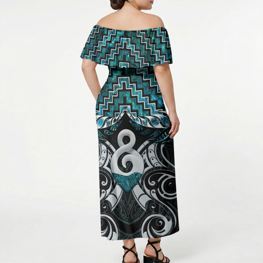 New Zealand Maori Off Shoulder Maxi Dress Poutama Pikorua - Single Twist Paua Shell LT05 - Polynesian Pride