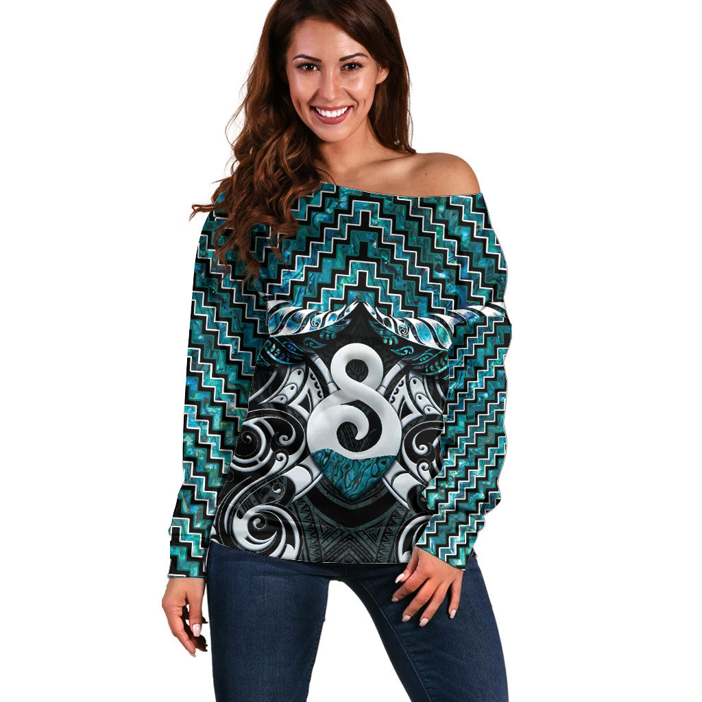 New Zealand Maori Off Shoulder Sweater Poutama Pikorua - Single Twist Paua Shell LT05 Women Turquoise - Polynesian Pride