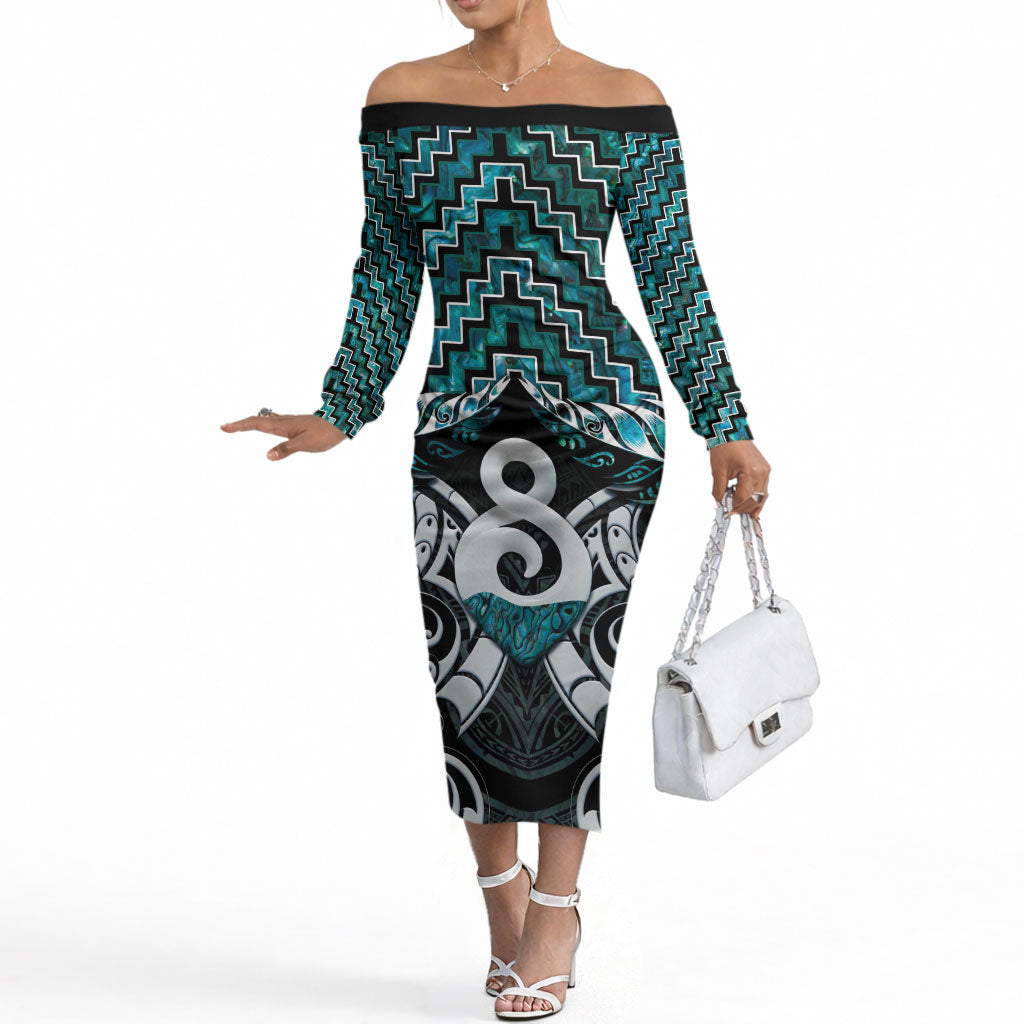 New Zealand Maori Off The Shoulder Long Sleeve Dress Poutama Pikorua - Single Twist Paua Shell LT05 Women Turquoise - Polynesian Pride
