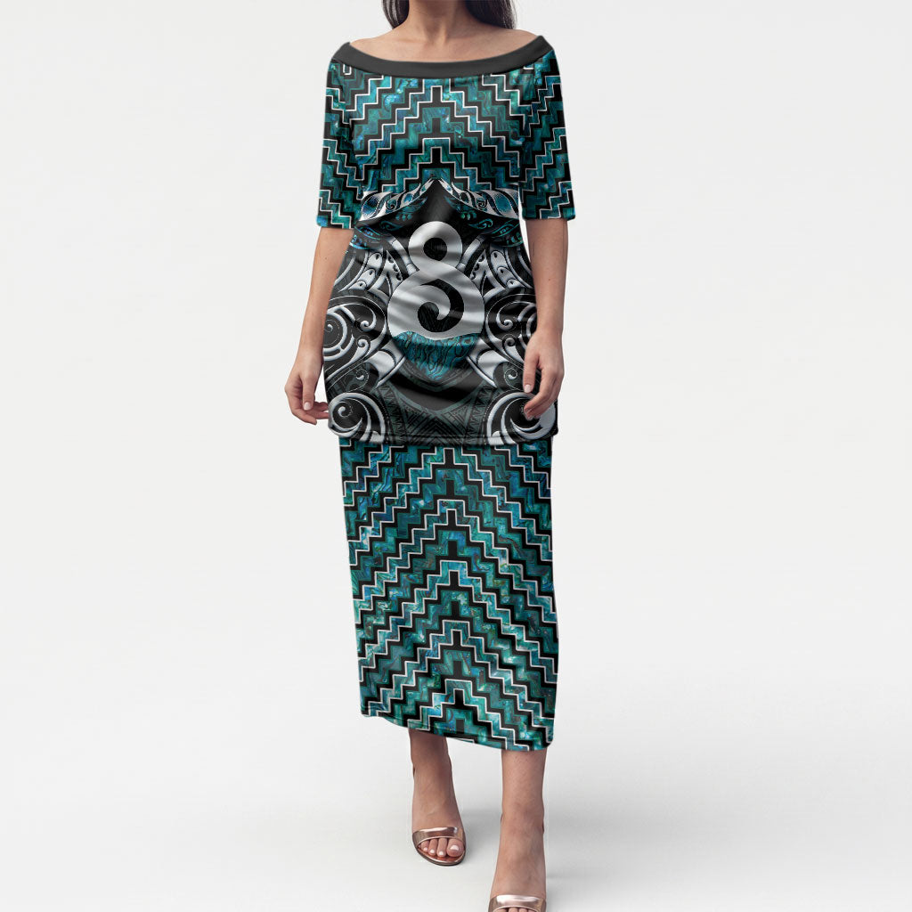 New Zealand Maori Puletasi Poutama Pikorua - Single Twist Paua Shell LT05 Long Dress Turquoise - Polynesian Pride