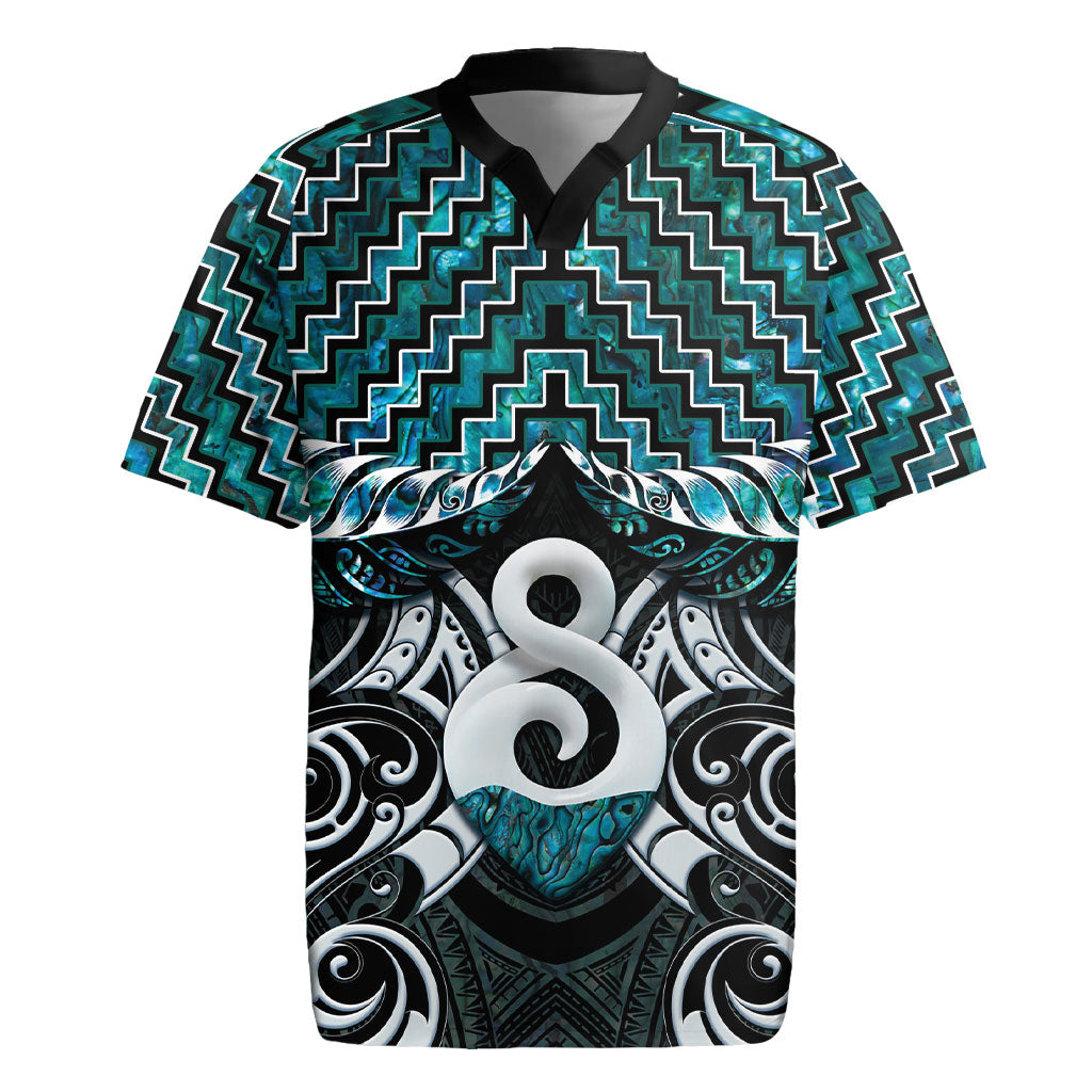 New Zealand Maori Rugby Jersey Poutama Pikorua - Single Twist Paua Shell LT05 Turquoise - Polynesian Pride
