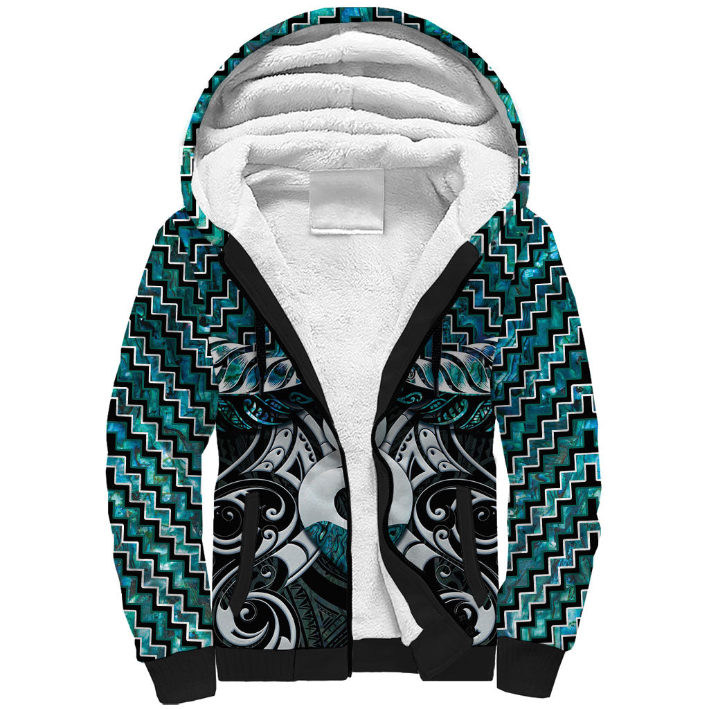 New Zealand Maori Sherpa Hoodie Poutama Pikorua - Single Twist Paua Shell LT05 Unisex Turquoise - Polynesian Pride