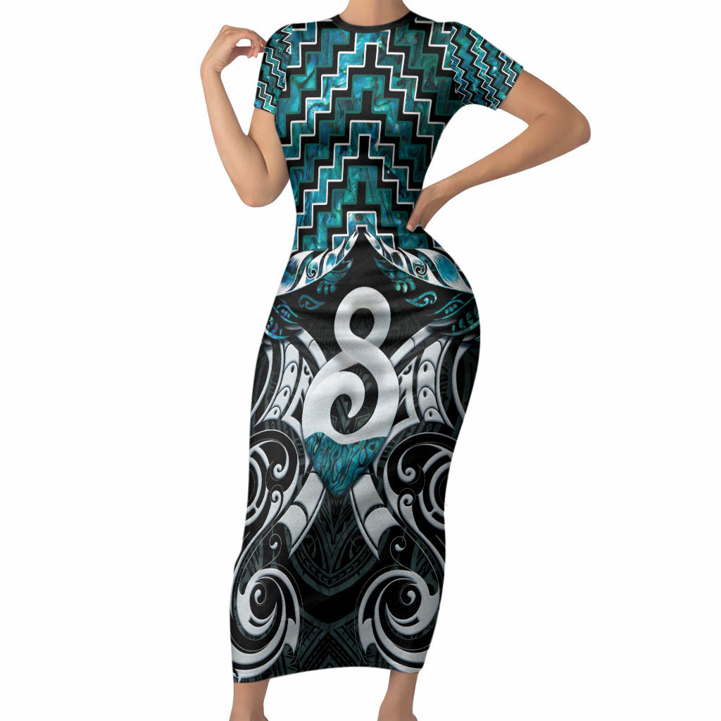 New Zealand Maori Short Sleeve Bodycon Dress Poutama Pikorua - Single Twist Paua Shell LT05 Long Dress Turquoise - Polynesian Pride