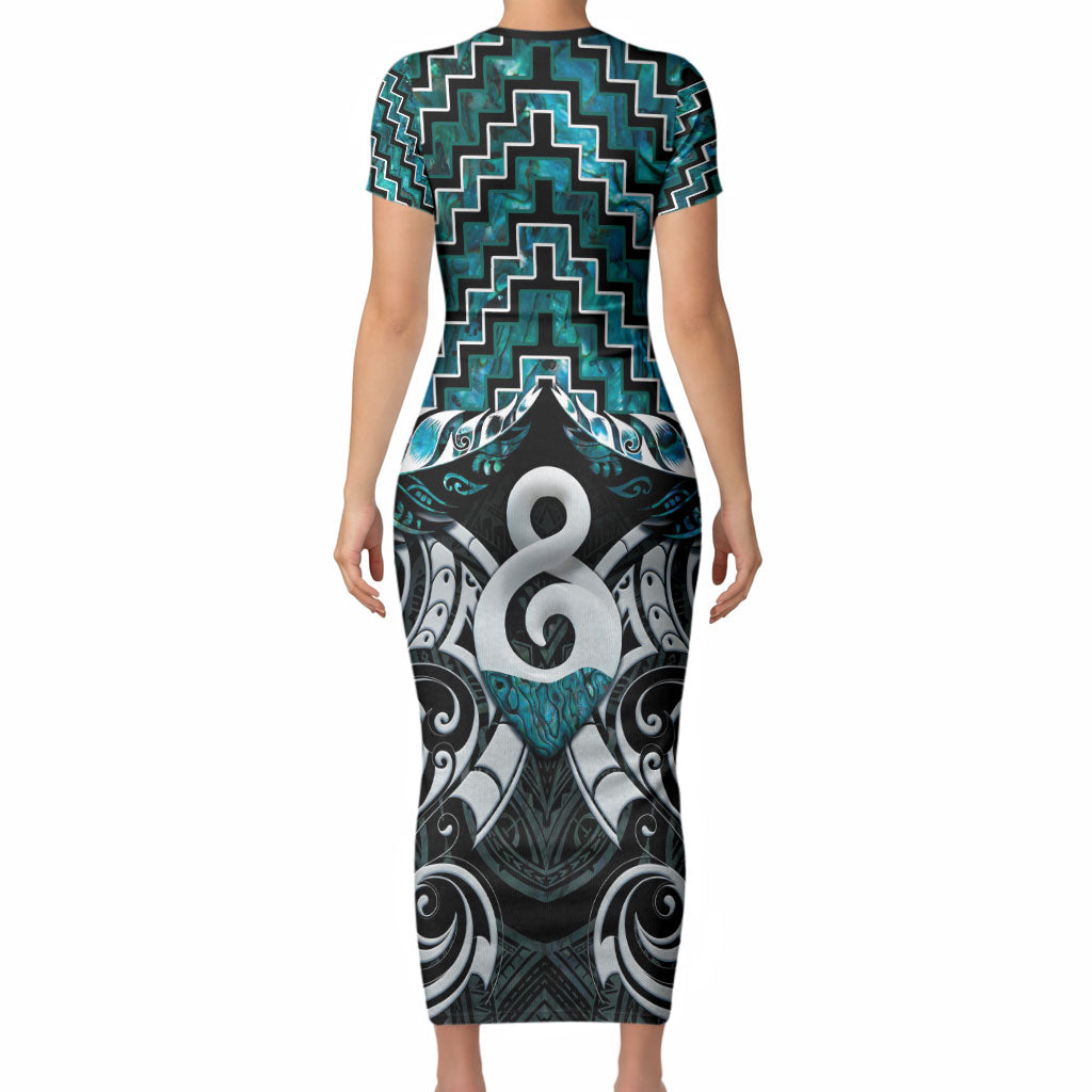 New Zealand Maori Short Sleeve Bodycon Dress Poutama Pikorua - Single Twist Paua Shell LT05 - Polynesian Pride