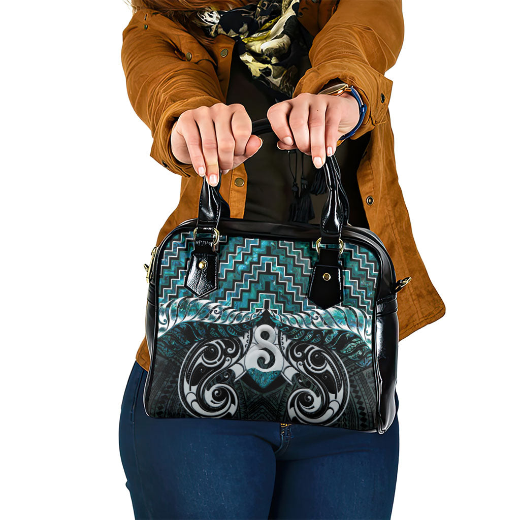 New Zealand Maori Shoulder Handbag Poutama Pikorua - Single Twist Paua Shell LT05 One Size Turquoise - Polynesian Pride