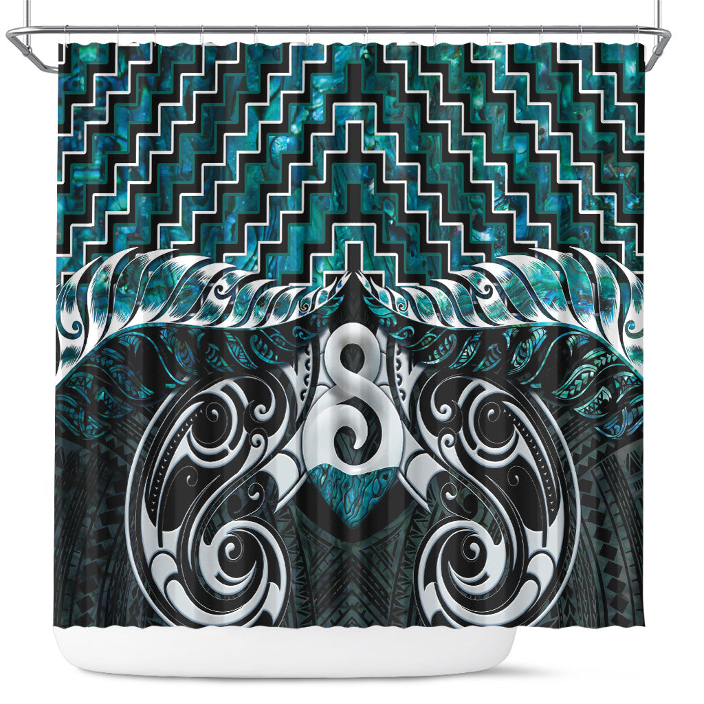 New Zealand Maori Shower Curtain Poutama Pikorua - Single Twist Paua Shell LT05 Turquoise - Polynesian Pride