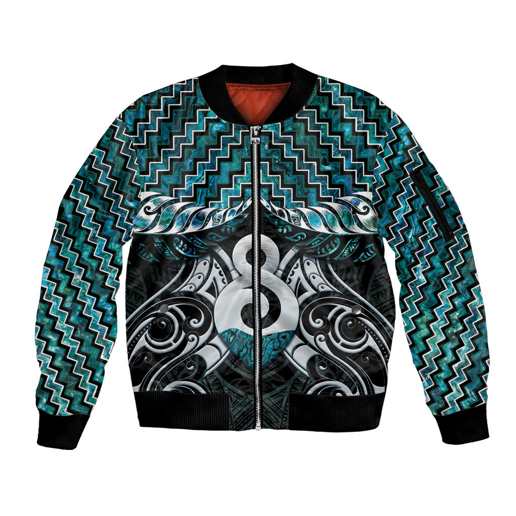 New Zealand Maori Sleeve Zip Bomber Jacket Poutama Pikorua - Single Twist Paua Shell LT05 Unisex Turquoise - Polynesian Pride