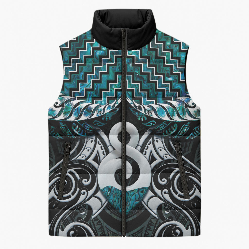 New Zealand Maori Sleeveless Puffer Jacket Poutama Pikorua - Single Twist Paua Shell LT05 Unisex Turquoise - Polynesian Pride