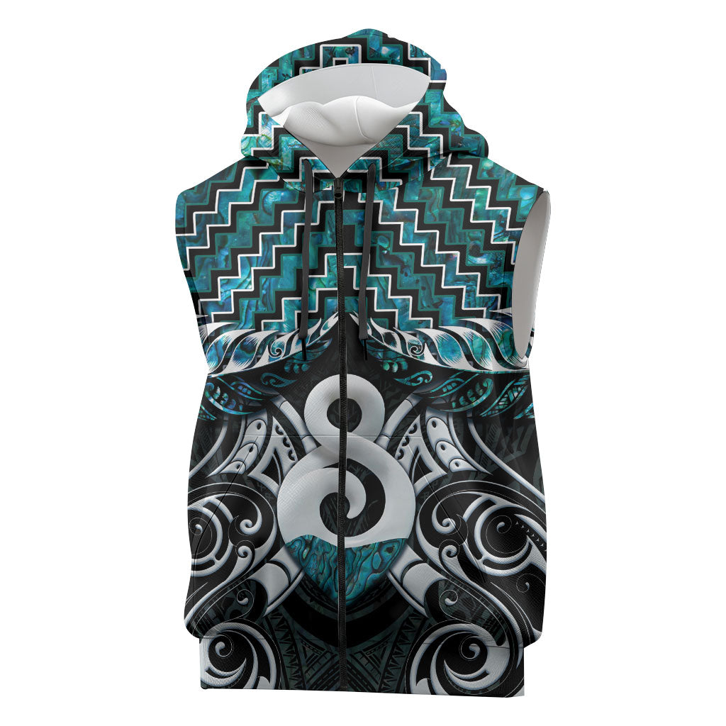 New Zealand Maori Sleeveless Zip Hoodie Poutama Pikorua - Single Twist Paua Shell LT05 Turquoise - Polynesian Pride