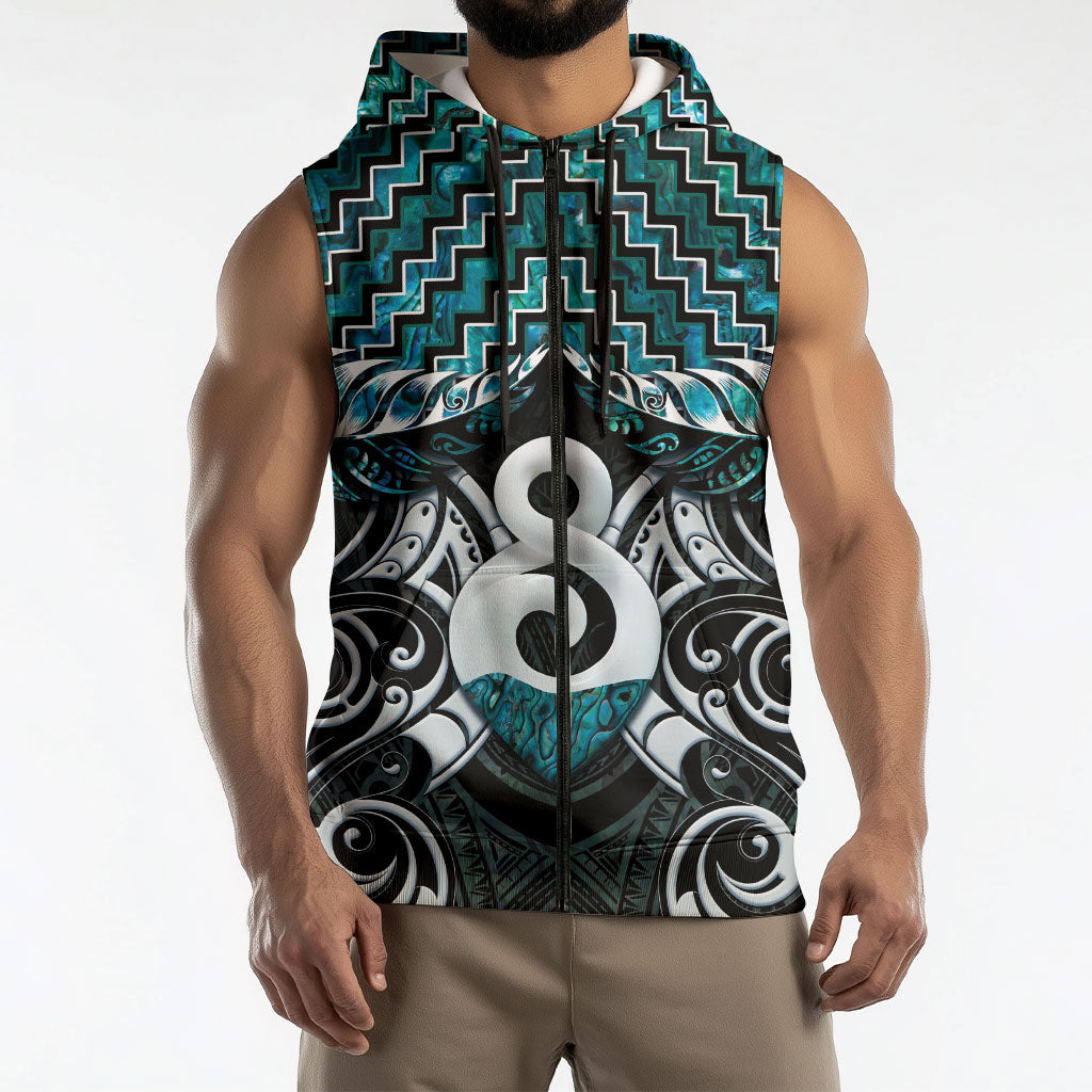 New Zealand Maori Sleeveless Zip Hoodie Poutama Pikorua - Single Twist Paua Shell LT05 - Polynesian Pride