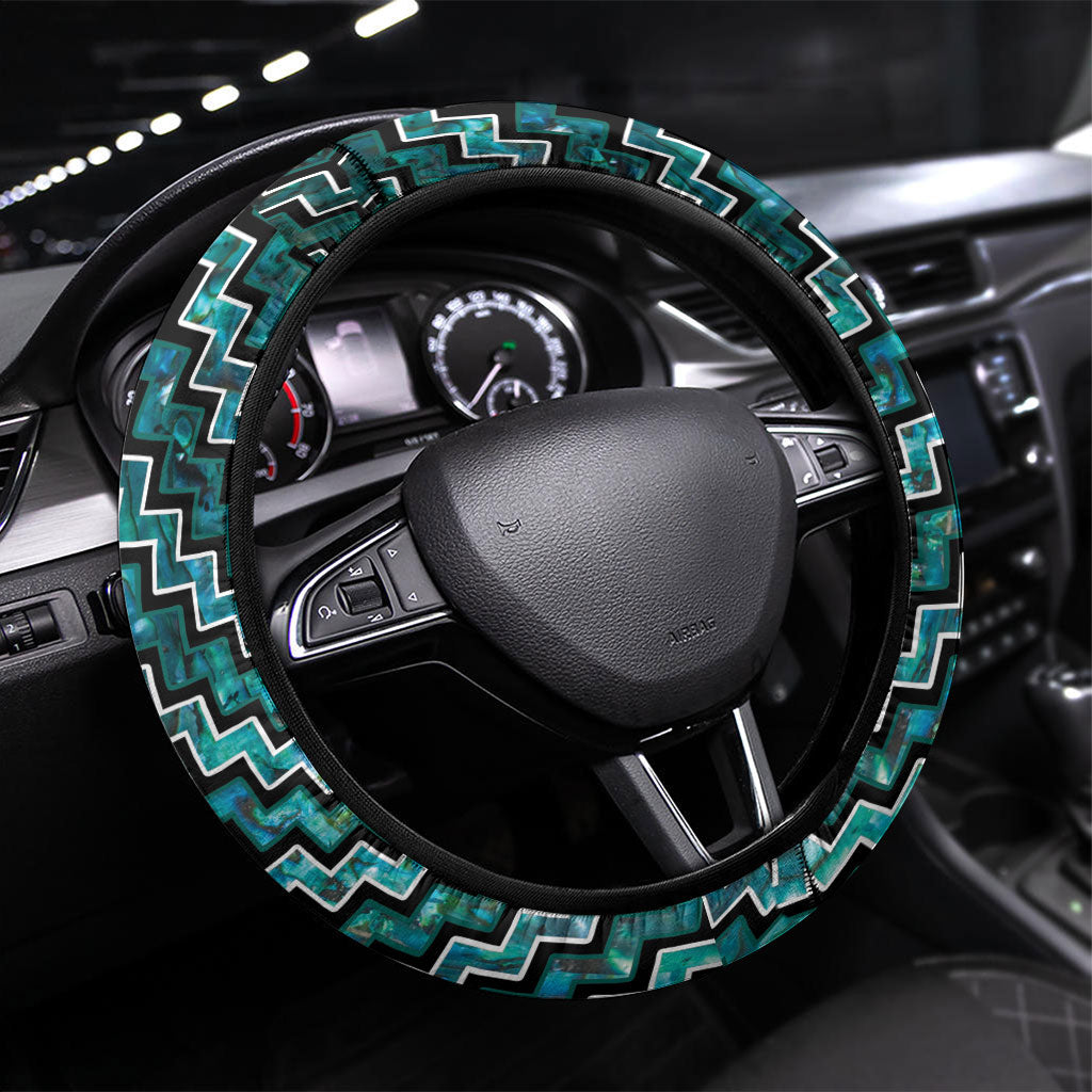 New Zealand Maori Steering Wheel Cover Poutama Pikorua - Single Twist Paua Shell LT05 Universal Fit Turquoise - Polynesian Pride