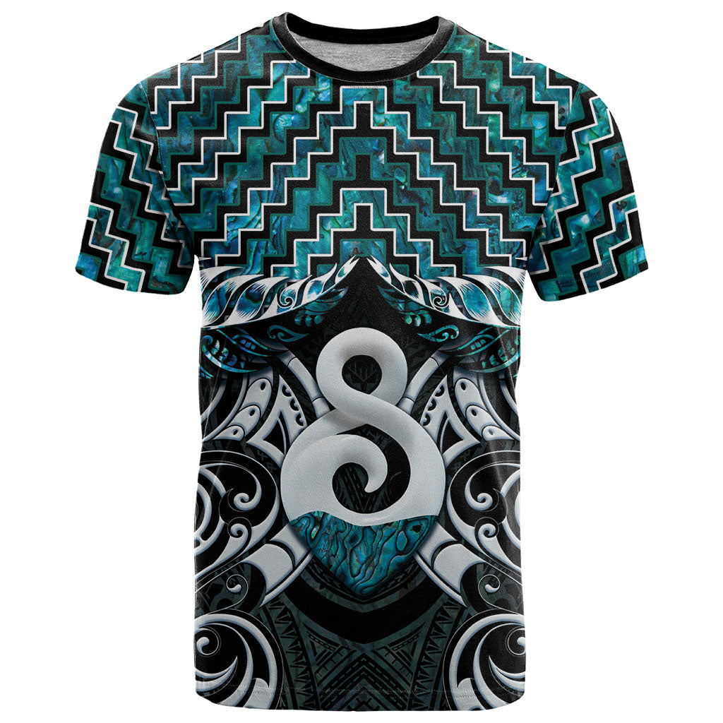 New Zealand Maori T Shirt Poutama Pikorua - Single Twist Paua Shell LT05 Turquoise - Polynesian Pride