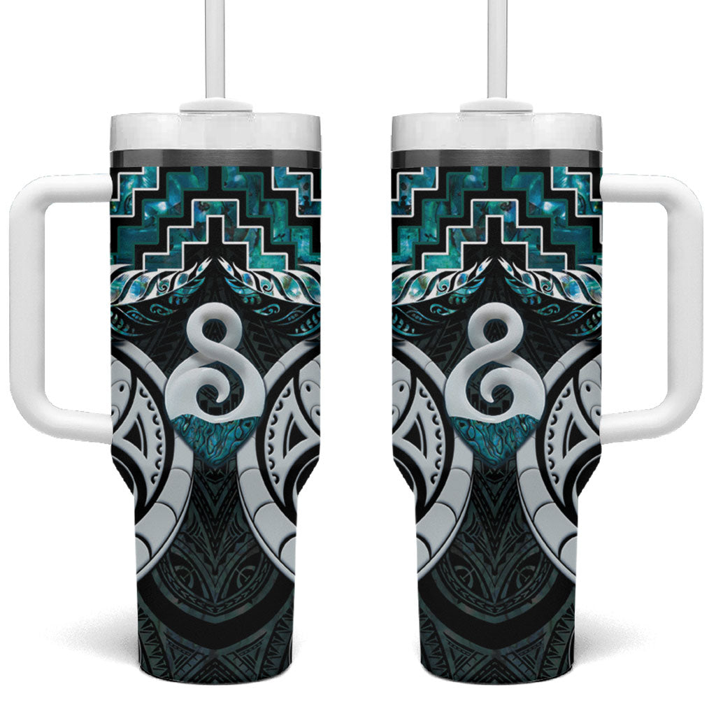 New Zealand Maori Tumbler With Handle Poutama Pikorua - Single Twist Paua Shell LT05 One Size: 40 oz Turquoise - Polynesian Pride