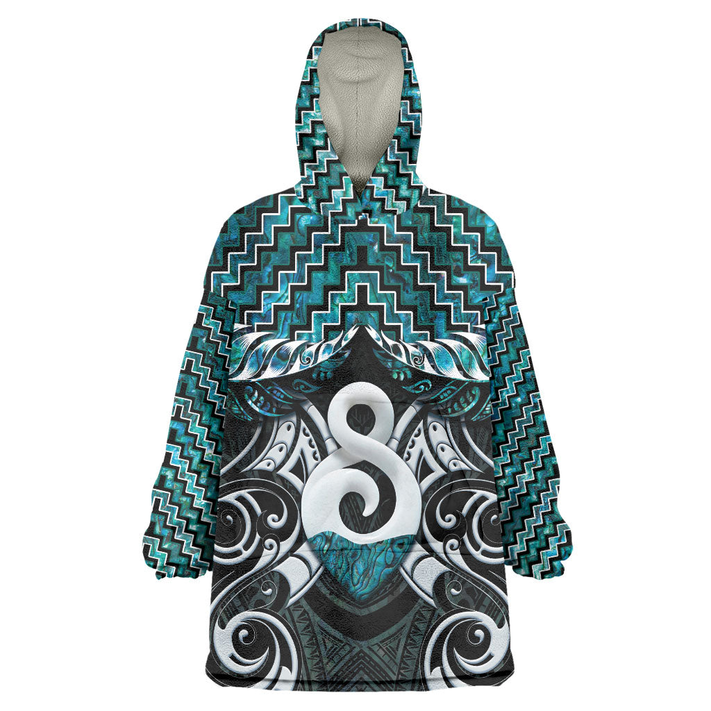 New Zealand Maori Wearable Blanket Hoodie Poutama Pikorua - Single Twist Paua Shell LT05 One Size Turquoise - Polynesian Pride