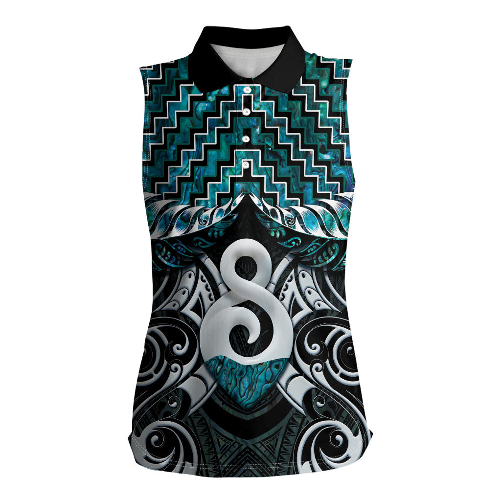 New Zealand Maori Women Sleeveless Polo Shirt Poutama Pikorua - Single Twist Paua Shell LT05 Female Turquoise - Polynesian Pride