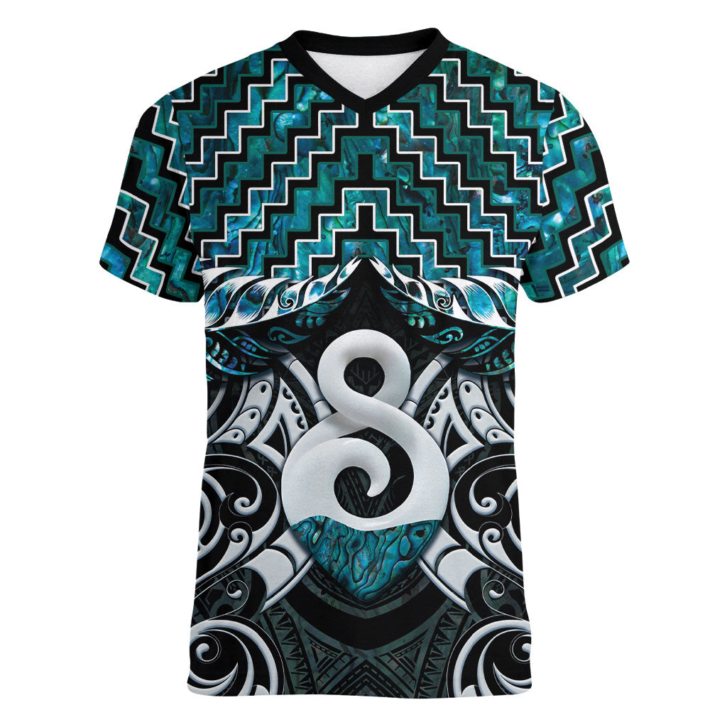 New Zealand Maori Women V-Neck T-Shirt Poutama Pikorua - Single Twist Paua Shell LT05 Female Turquoise - Polynesian Pride