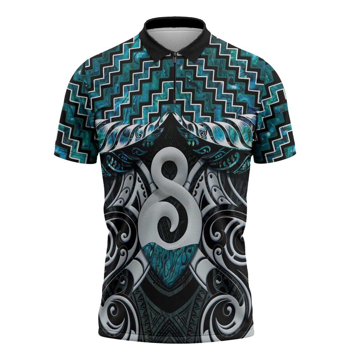 New Zealand Maori Zipper Polo Shirt Poutama Pikorua - Single Twist Paua Shell LT05 Turquoise - Polynesian Pride