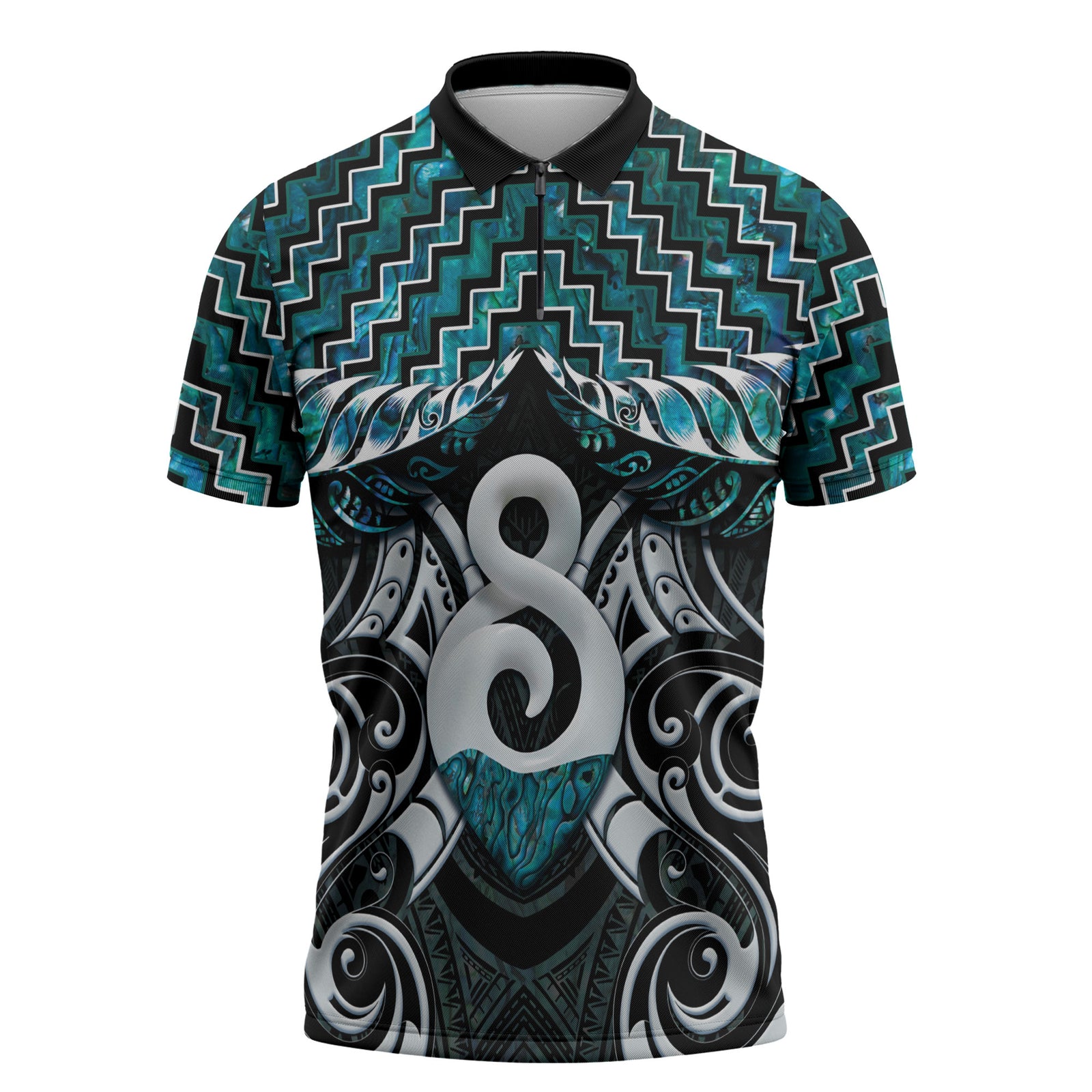 New Zealand Maori Zipper Polo Shirt Poutama Pikorua - Single Twist Paua Shell LT05 Turquoise - Polynesian Pride