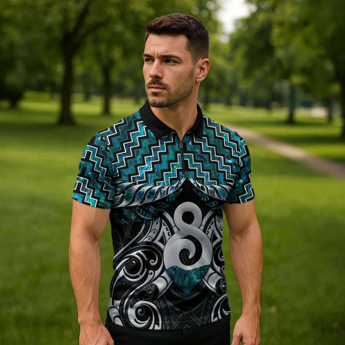New Zealand Maori Zipper Polo Shirt Poutama Pikorua - Single Twist Paua Shell LT05 - Polynesian Pride