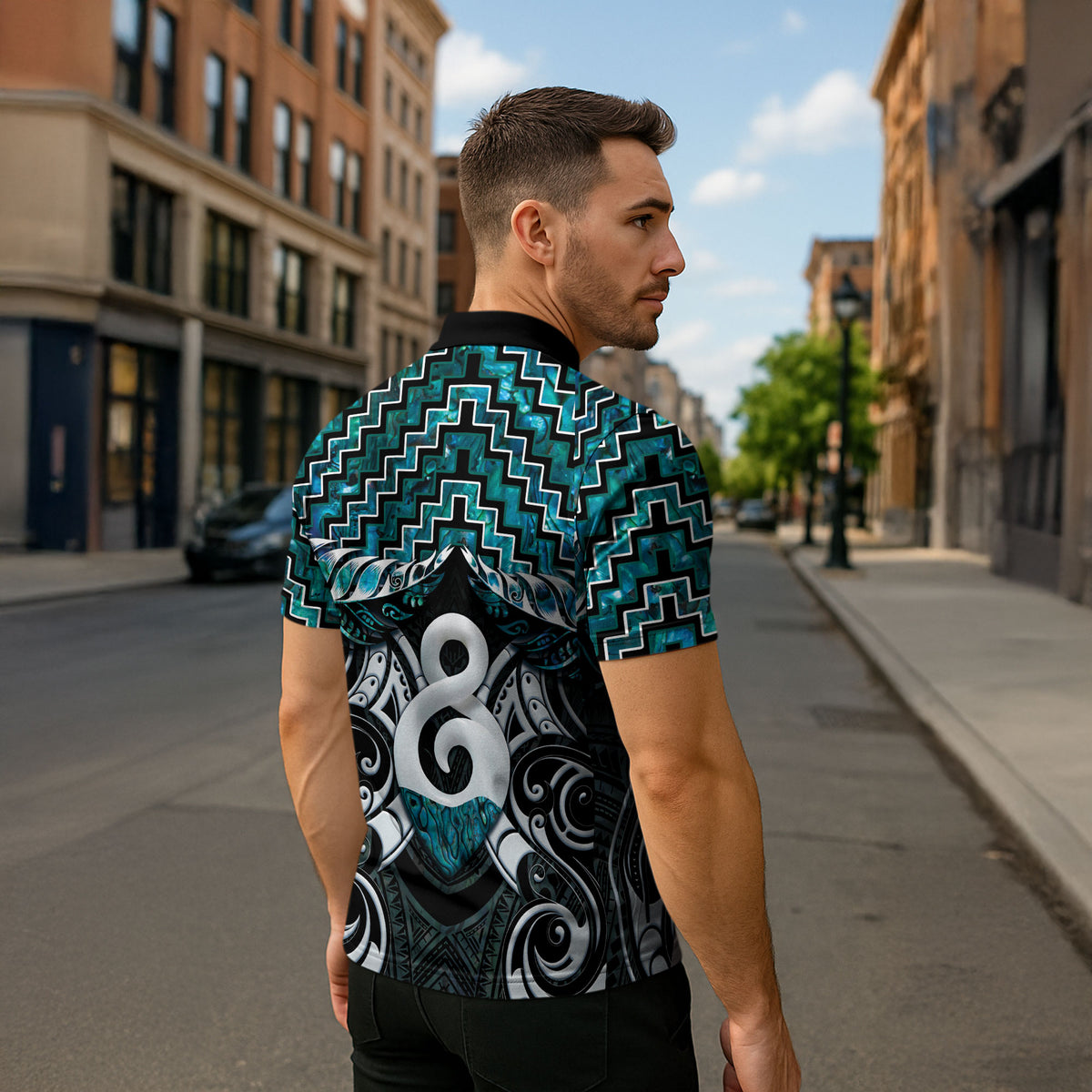 New Zealand Maori Zipper Polo Shirt Poutama Pikorua - Single Twist Paua Shell LT05 - Polynesian Pride