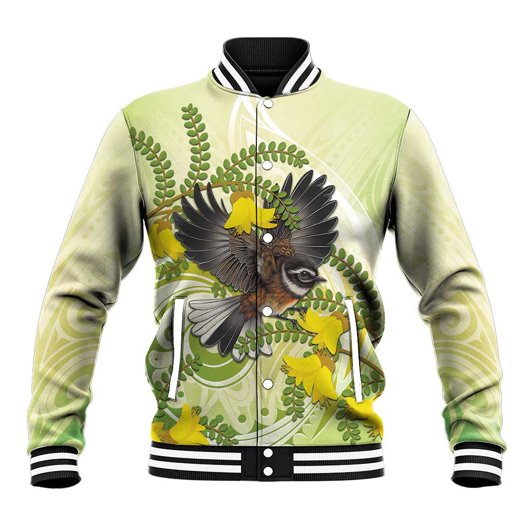 New Zealand Piwakawaka Fantail Bird Baseball Jacket With Kowhai Flowers