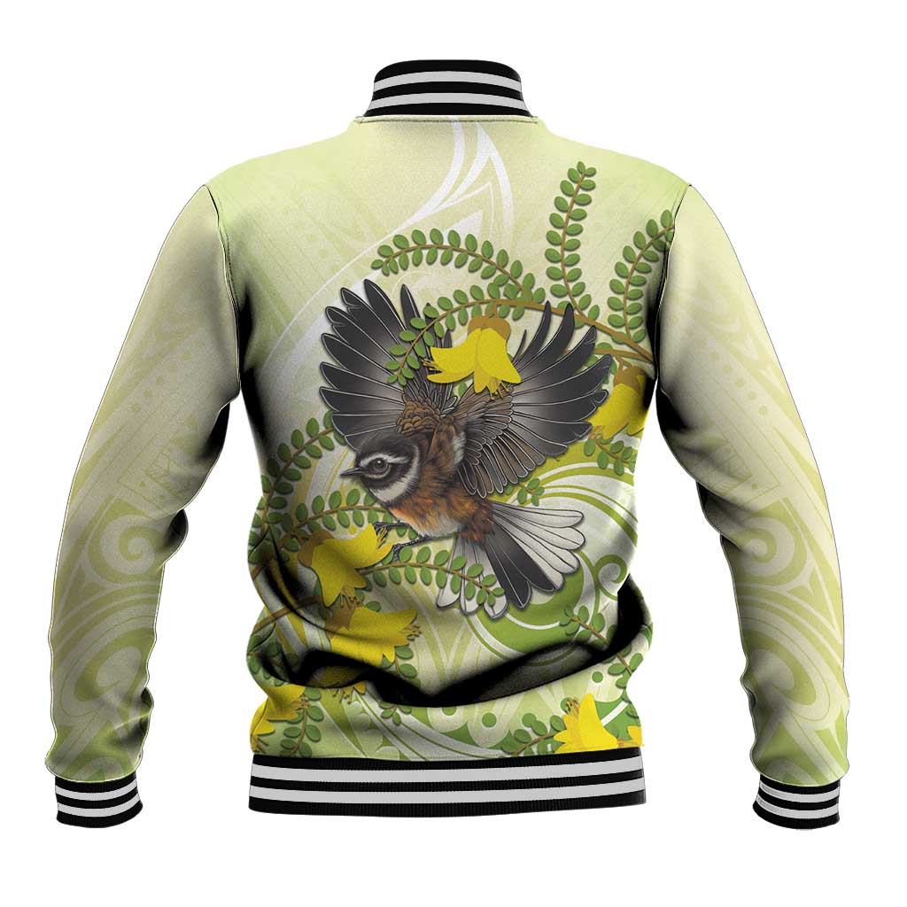 New Zealand Piwakawaka Fantail Bird Baseball Jacket With Kowhai Flowers LT05 - Polynesian Pride