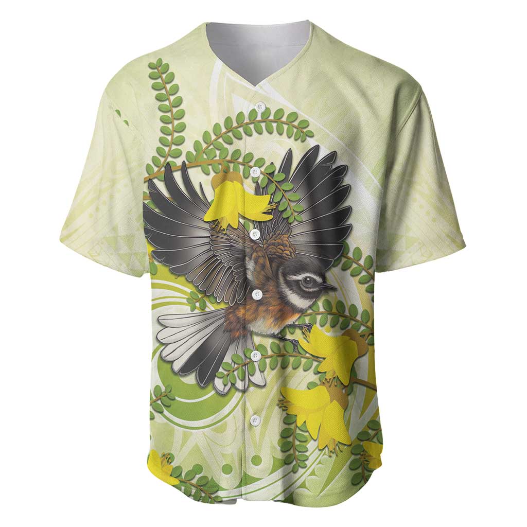 New Zealand Piwakawaka Fantail Bird Baseball Jersey With Kowhai Flowers LT05 Green - Polynesian Pride