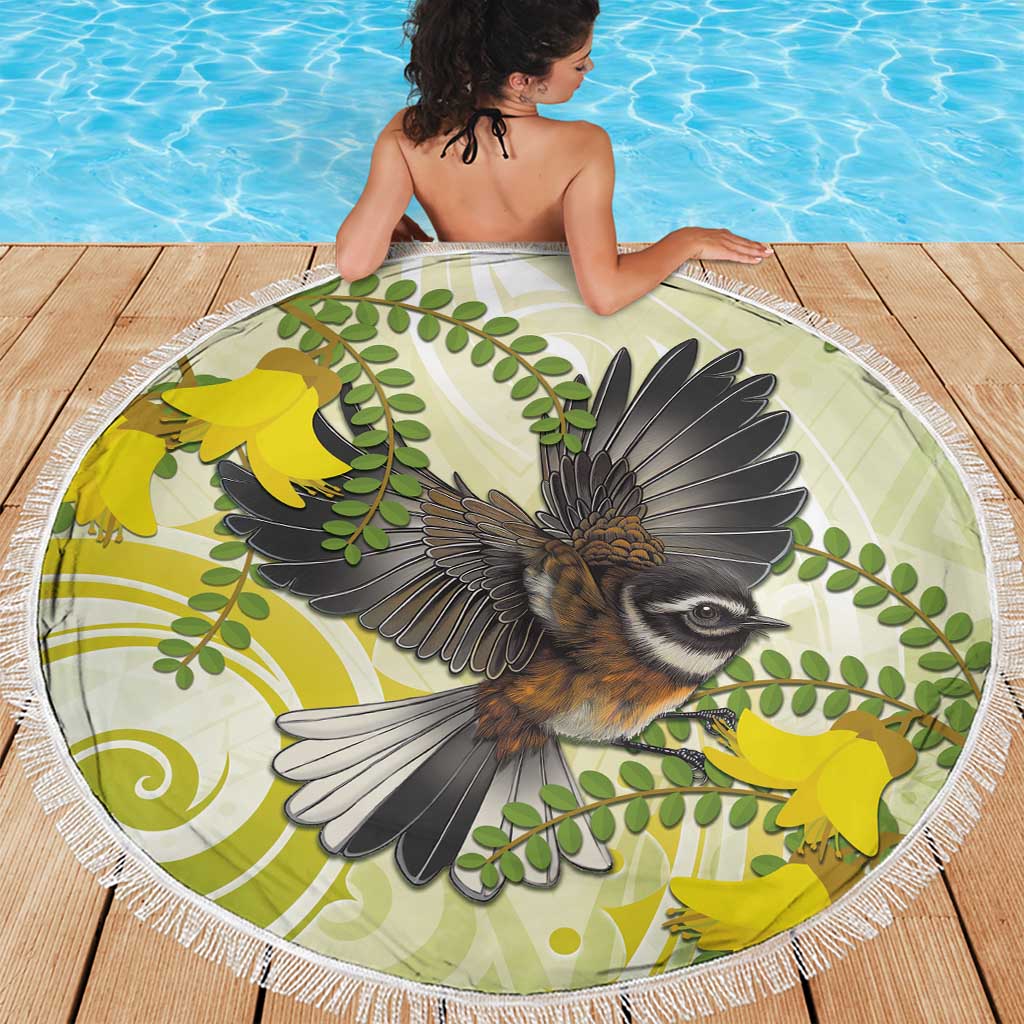 New Zealand Piwakawaka Fantail Bird Beach Blanket With Kowhai Flowers LT05 - Polynesian Pride