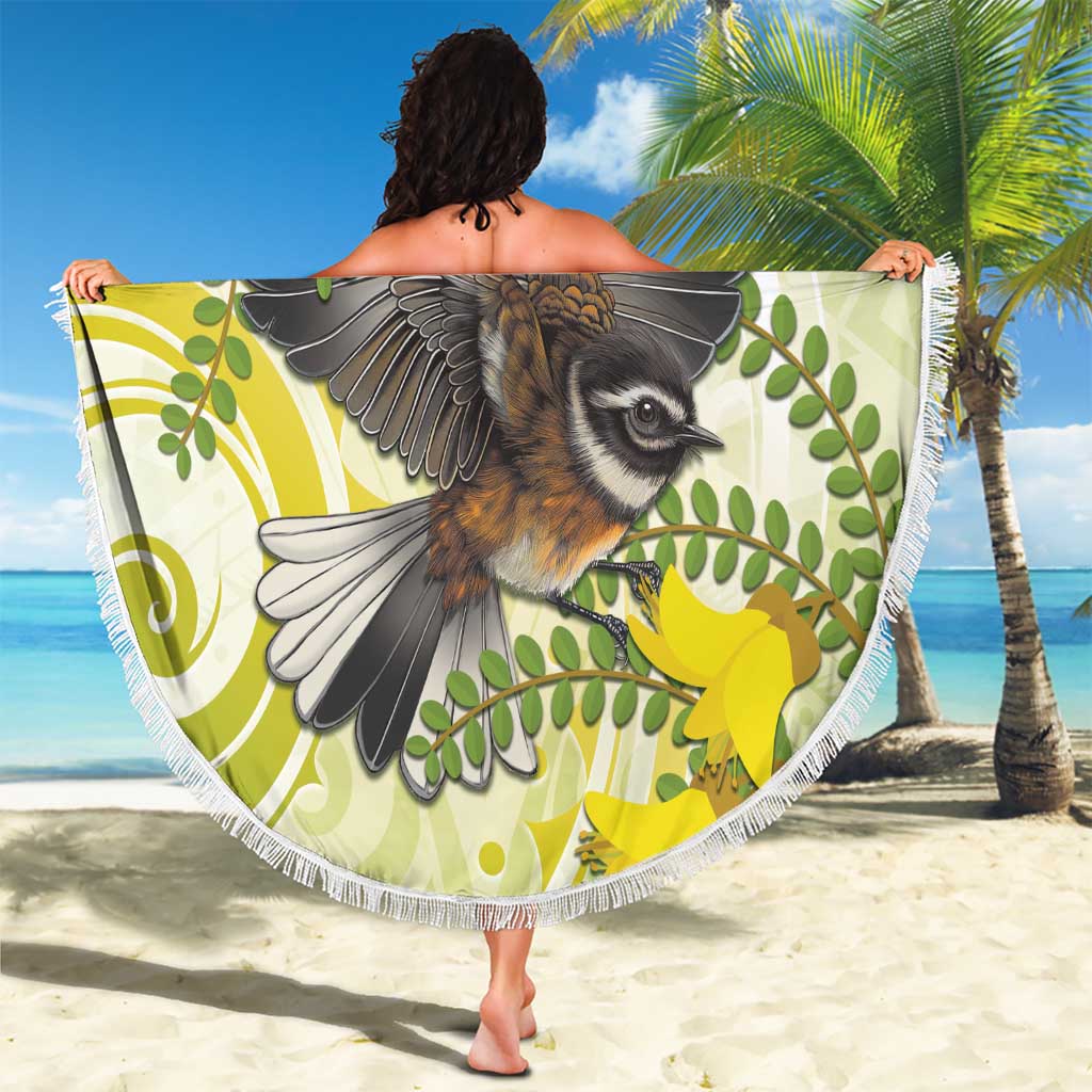 New Zealand Piwakawaka Fantail Bird Beach Blanket With Kowhai Flowers LT05 - Polynesian Pride
