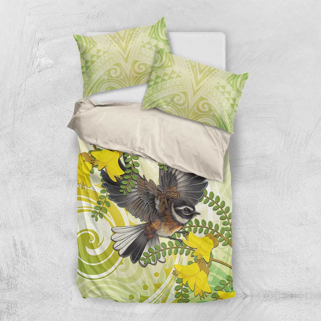 New Zealand Piwakawaka Fantail Bird Bedding Set With Kowhai Flowers LT05 US Twin 172cm x 218cm Green - Polynesian Pride