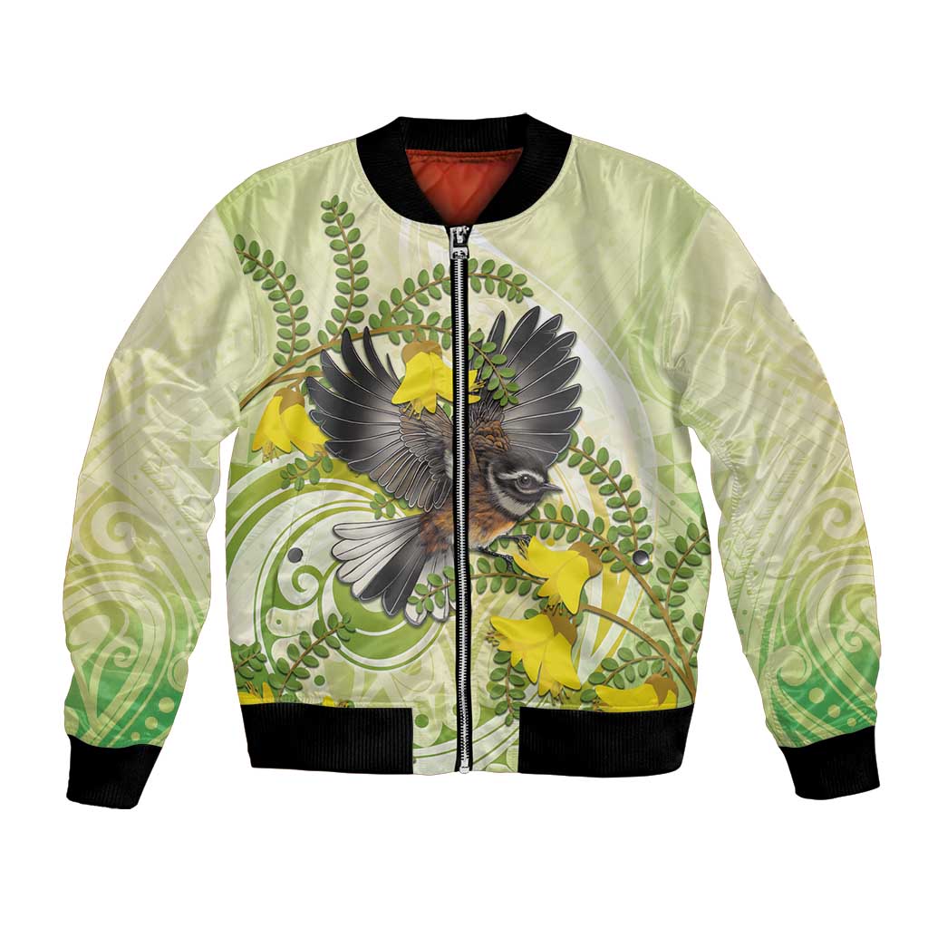 New Zealand Piwakawaka Fantail Bird Bomber Jacket With Kowhai Flowers LT05 Unisex Green - Polynesian Pride