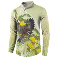 New Zealand Piwakawaka Fantail Bird Button Sweatshirt With Kowhai Flowers LT05 - Polynesian Pride