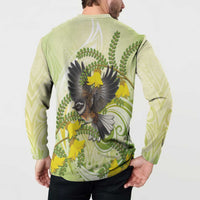 New Zealand Piwakawaka Fantail Bird Button Sweatshirt With Kowhai Flowers LT05 - Polynesian Pride