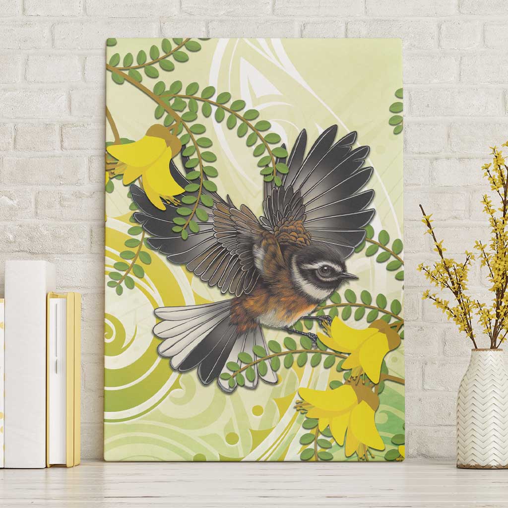 New Zealand Piwakawaka Fantail Bird Canvas Wall Art With Kowhai Flowers LT05 Without Frame Green - Polynesian Pride